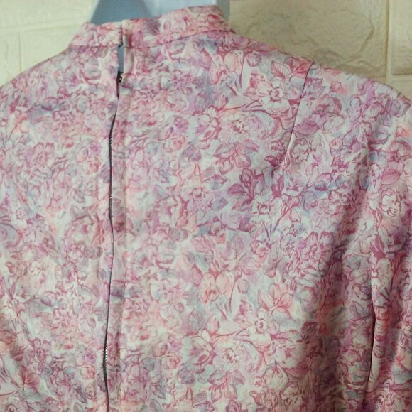Vintage 60s Handmade Floral Blouse Top S-6 Mockneck LSL Metal Back-Zip Polyester - Picture 10 of 11